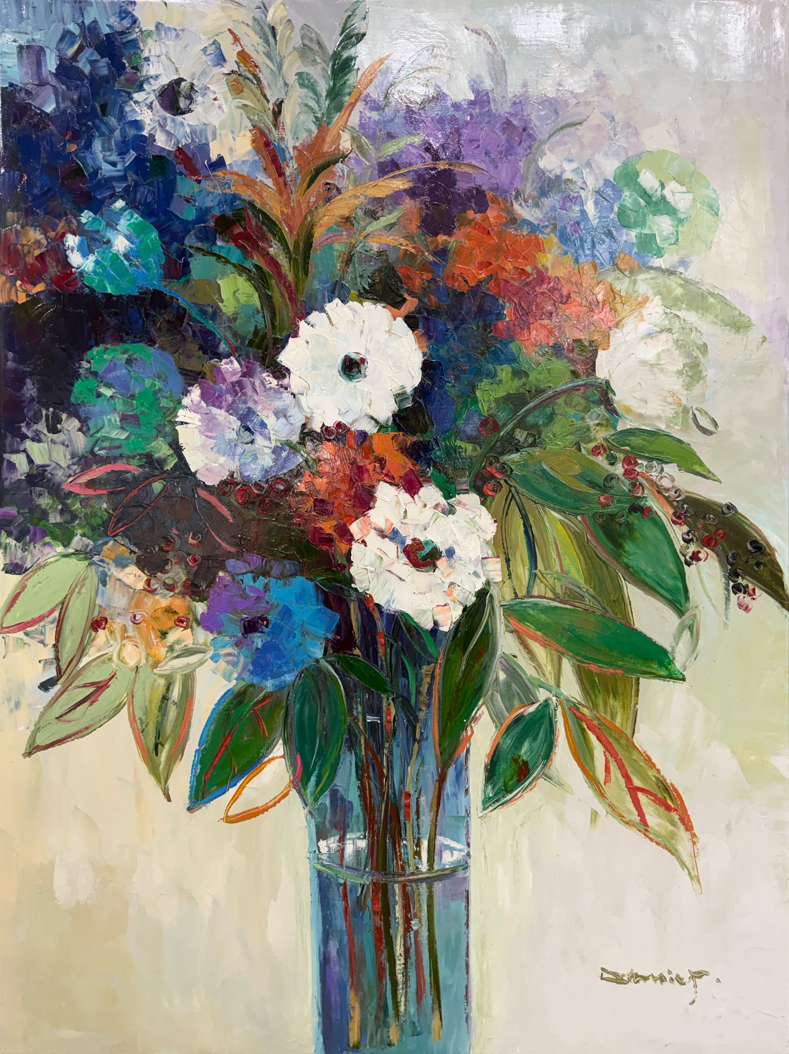 Jamie P 48 H x 36 W Original Floral Still Life Painting: "Artist: Jamie P Title: Summer Bouquet I Medium: Oil on Canvas Artwork Size: 48" H x 36" W x 2" D Weight: 6 lbs. Edition: Original Signature: Front, bottom right corner Certificate of authenticity and