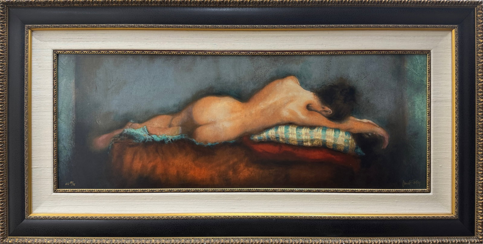 Janet Treby 22.75” H x 45.25” W Framed Female Figure Serigraph on Canvas 28/75 (1 of 14)