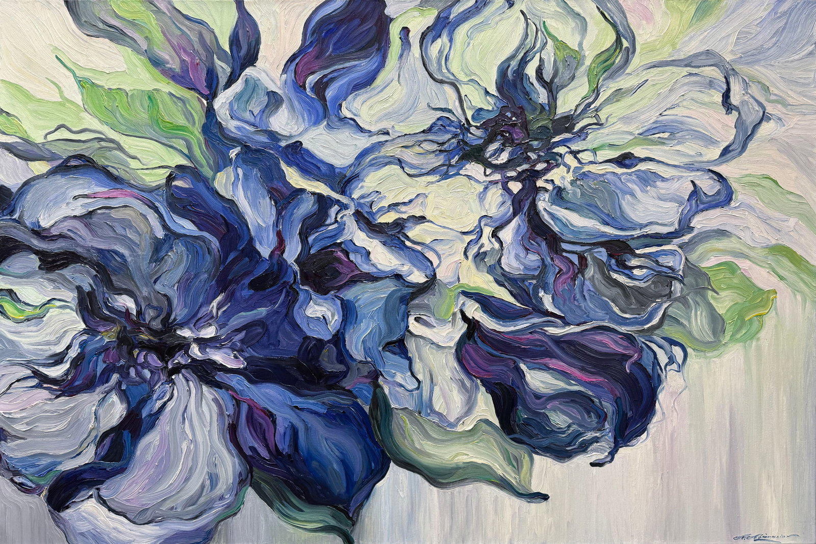 Andrii Afanasiev 48" H x 72" W Original Floral Painting: Artist: Andrii Afanasiev (b.1977-) Ukrainian Title: Violet Symphony Medium: Oil on Canvas Canvas Size: 48" H x 72" W x 1.5" D Weight: 18 lbs. Edition: Original Signature: Front, bottom right corner Ce