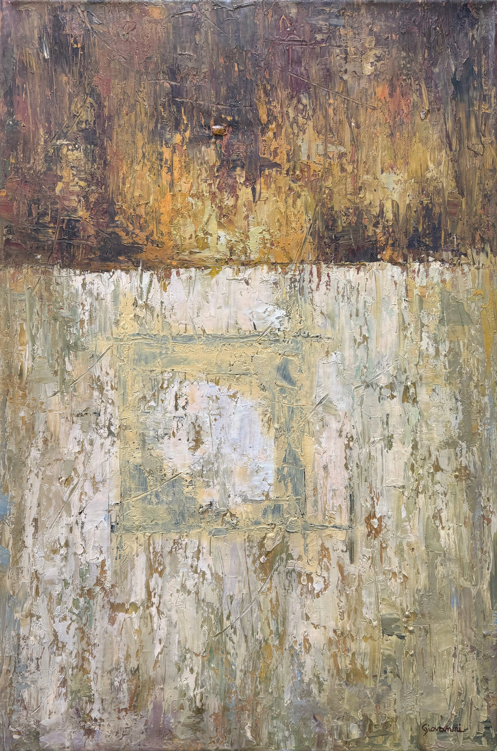 Giovanni 36" H x 24" W Original Abstract Painting: Artist: Giovanni Title: Before and After II Medium: Oil on Canvas Canvas Size: 36" H x 24" W x 1.5" D Weight: 4 lbs. Edition: Original Signature: Front, bottom right corner Artwork is stretched on