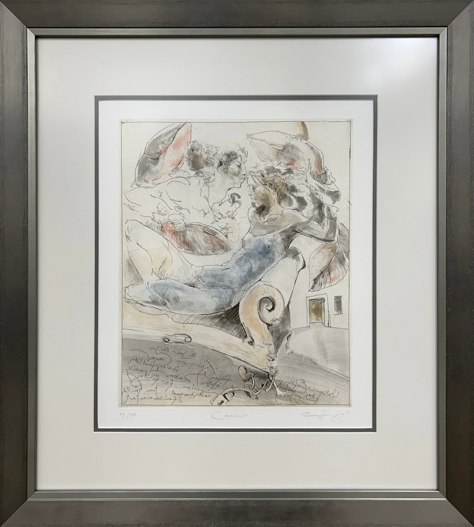 Jurgen Gorg 27.5" H x 24.5" W Framed Zodiac - Cancer Etching 19/90: Artist: Jurgen Gorg (b.1951 - ) German Title: Cancer Medium: Hand-Colored Etching on Paper Artwork Size: 15.5" H x 12.5" W Framed Size: 27.5" H x 24.5" W x 1" D Item Weight: 8.5 lbs. Edition: 19/90 Si