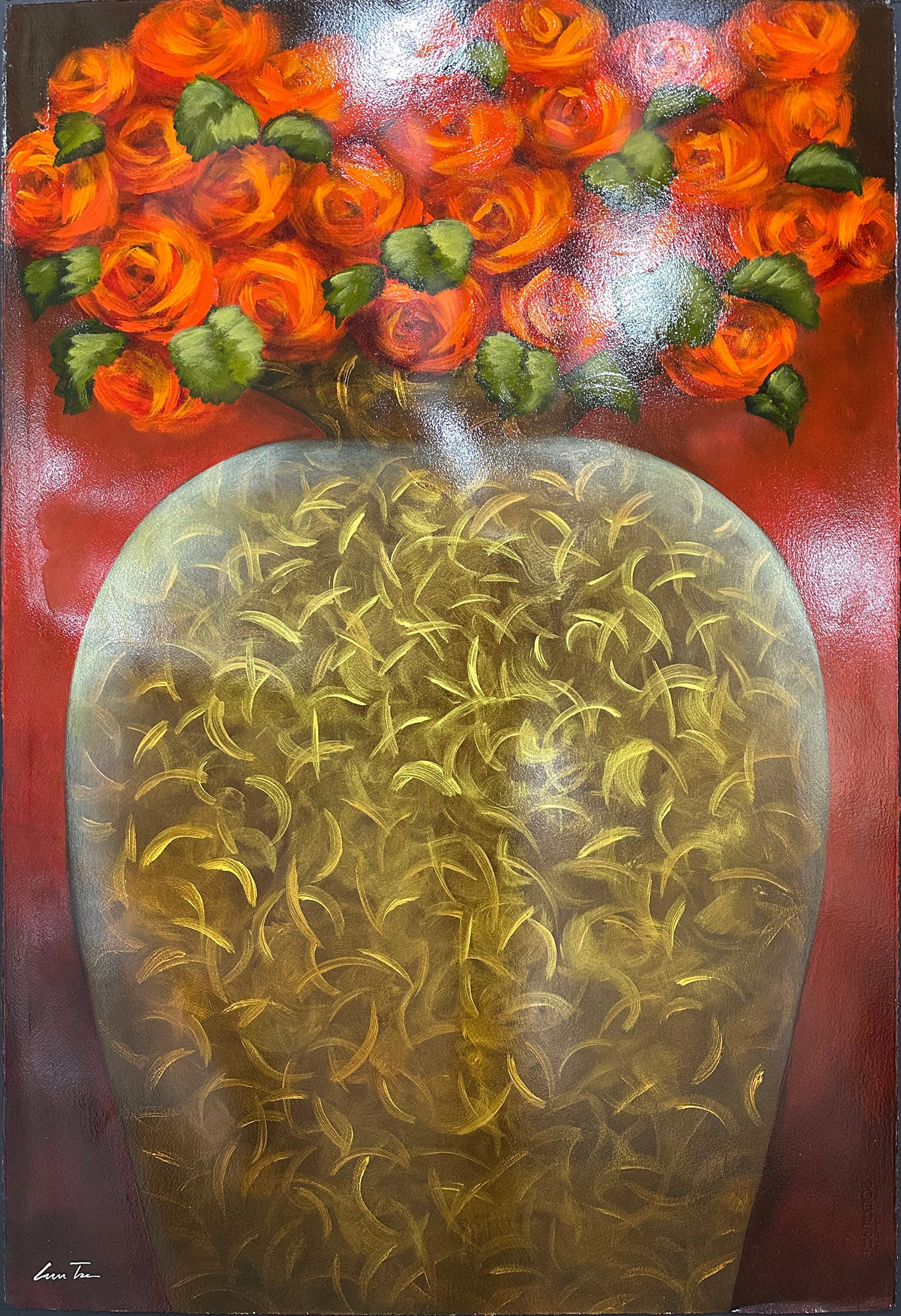 Lun Tse 44"H x 30" W Original Floral Painting: Artist: Lun Tse (b. 1964 - ) Chinese Title: Red Rose Bouquet Medium: Oil on Paper Artwork Size: 44"H x 30" W x 0.1" D Item Weight: 1 lbs. Edition: Original Signature: Signed in bottom left corner Artw