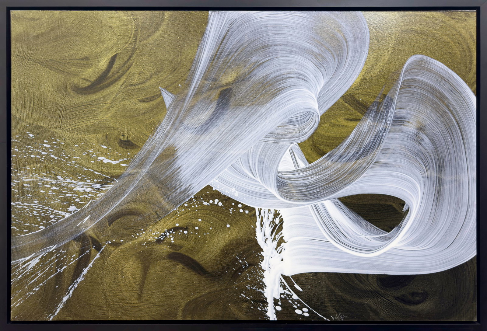 Antonio Velfin 54” H x 79.75” W Original Framed Dichroic abstract: Artist: Antonio Velfin (b. 1970) Spanish Title: Interstellar V Medium: Acrylic on Canvas with Dichroic Pigment Signature: Signed in white at the edge of painting at the end of white swirl Artwork Size