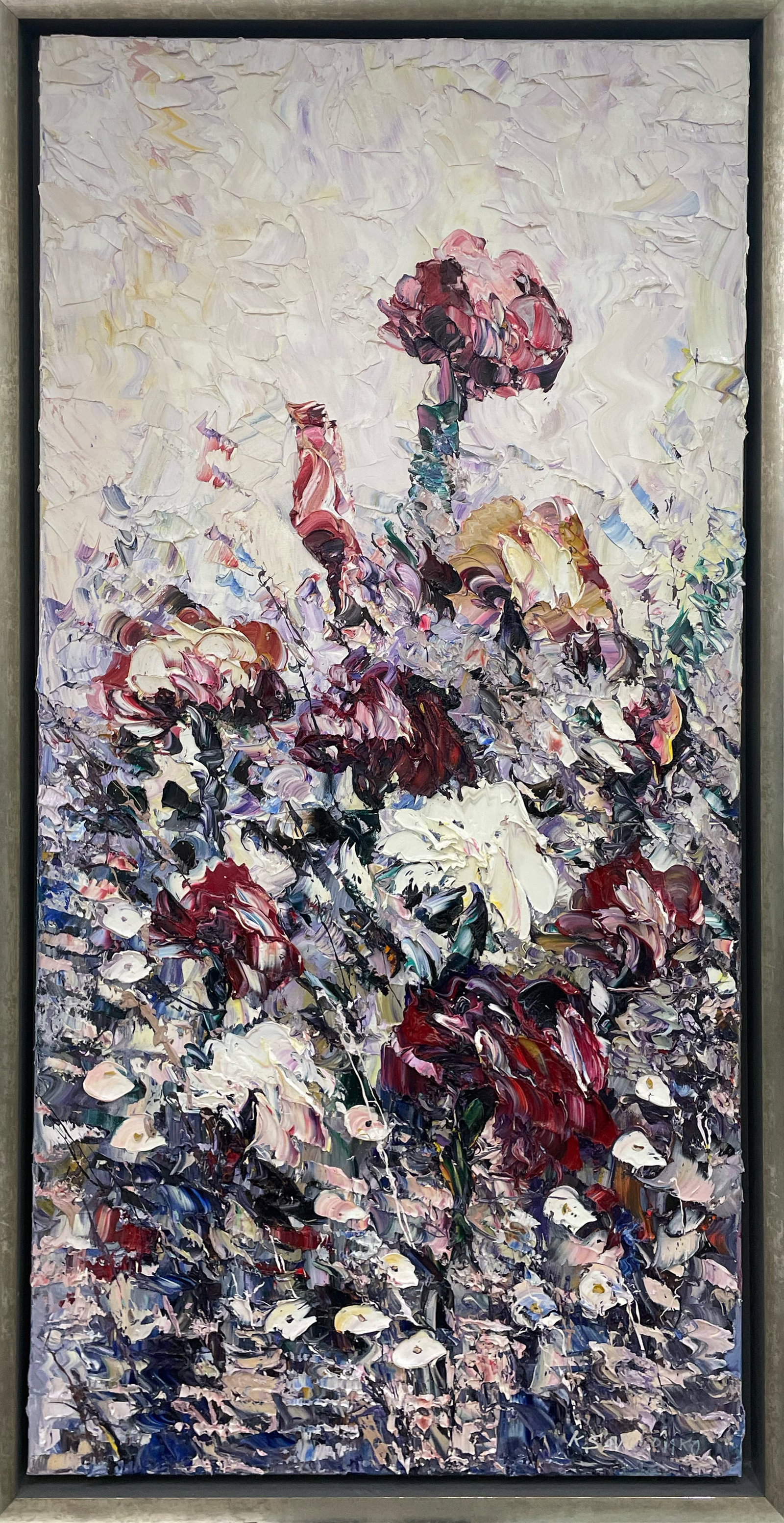 Konstantin Savchenko 52” H x 28” W Framed Original Floral Painting: Artist: Konstantin Savchenko (b.1968-) Ukrainian Title: Reaching for the Light Medium: Oil on Canvas Artwork Size: 48” H x 24” W Framed Size: 52” H x 28” W x 2.5” D Weigh