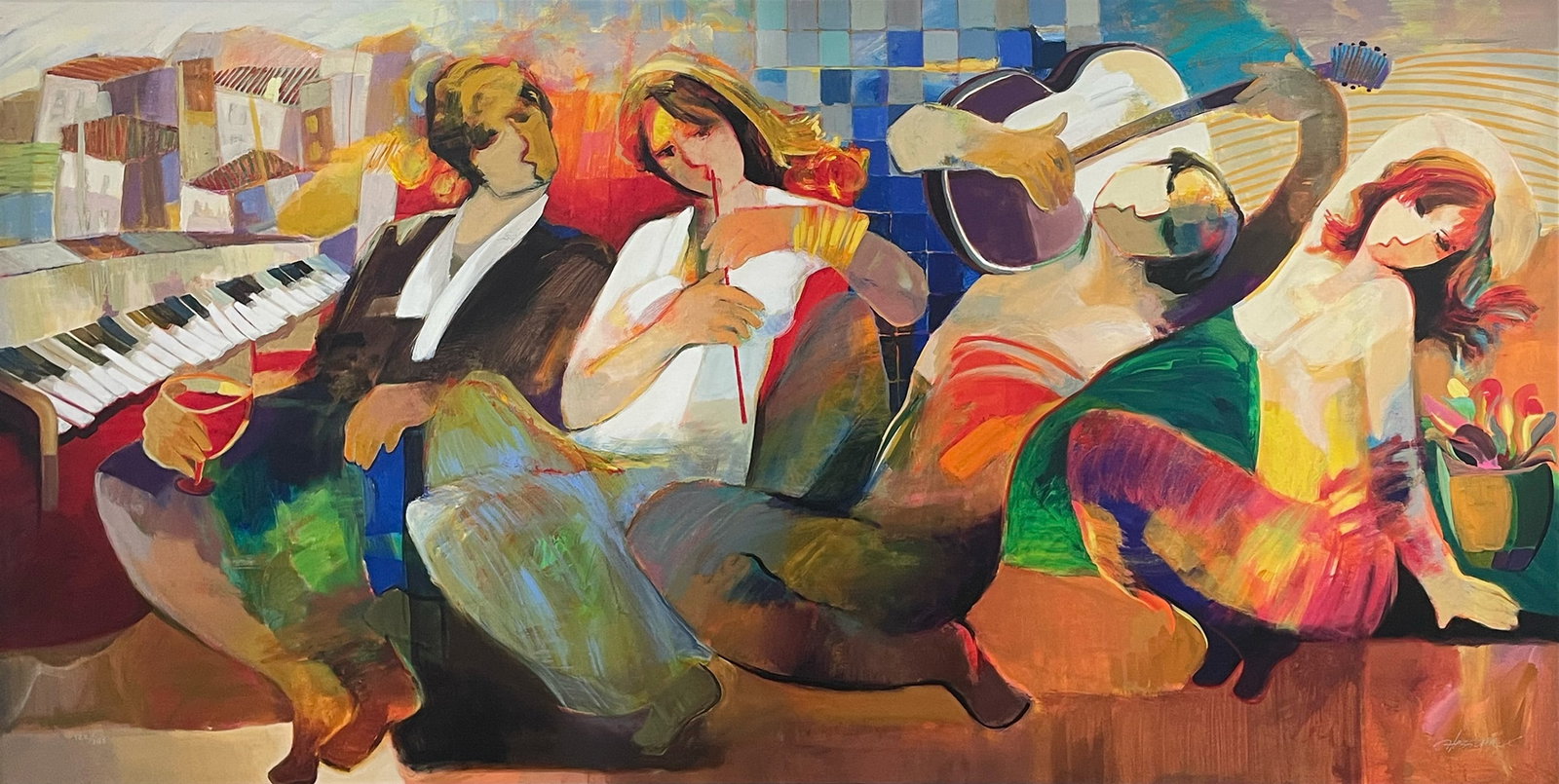 Hessam Abrishami 33" H x 63" W Framed Figurative LE on Canvas 122/145: Artist: Hessam Abrishami (b.1951-) Iranian Title: Special Evening Medium: Giclee on Canvas Canvas Size: 30" H x 60" W Frame Size: 33" H x 63" W x 2" D Edition: 122/145 Weight: 15 lbs. Signature: Front