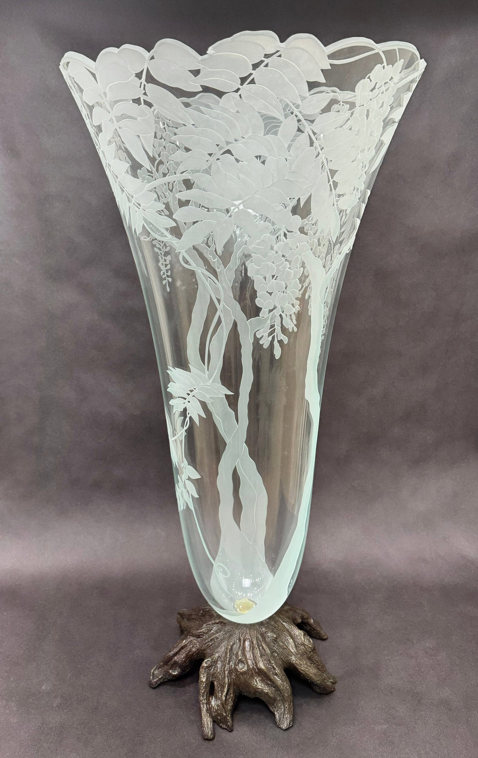 Stephan Schlanser 33" H x 16" W Wisteria Vase Retired: Artist: Stephan Schlanser Title: Wisteria Vase with Bronze Base Retired Medium: Glass & Bronze Size: 33" H x 16" W X 16" D Weight: 27.25 lbs. Edition: Open This artist has retired so these are r