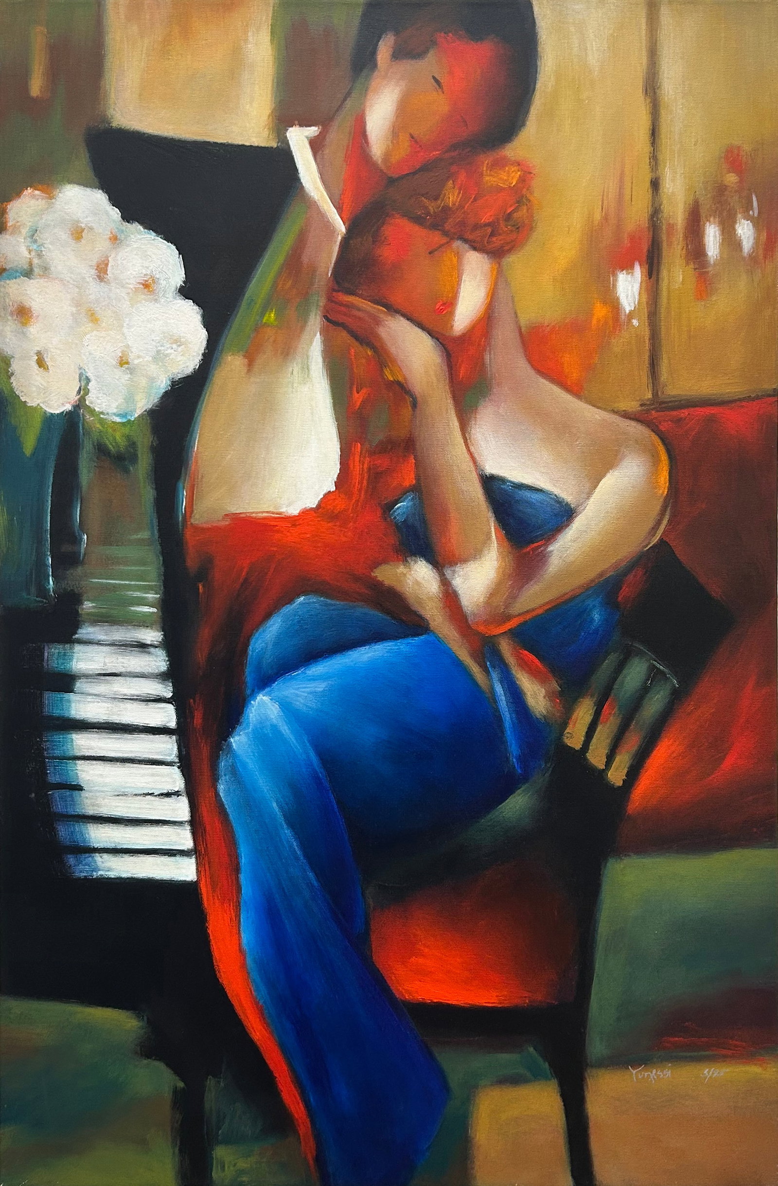 Gholam Yunessi 36" H x 24" W Figurative on Canvas LE 3/95: Artist: Gholam Yunessi (b.1988 - ) Iranian Title: Love Song Medium: Giclee on Canvas Artwork Size: 36" H x 24" W x 1" D Item Weight: 3 lbs. Edition: 3/95 Signature: Signed in paint on the front, right
