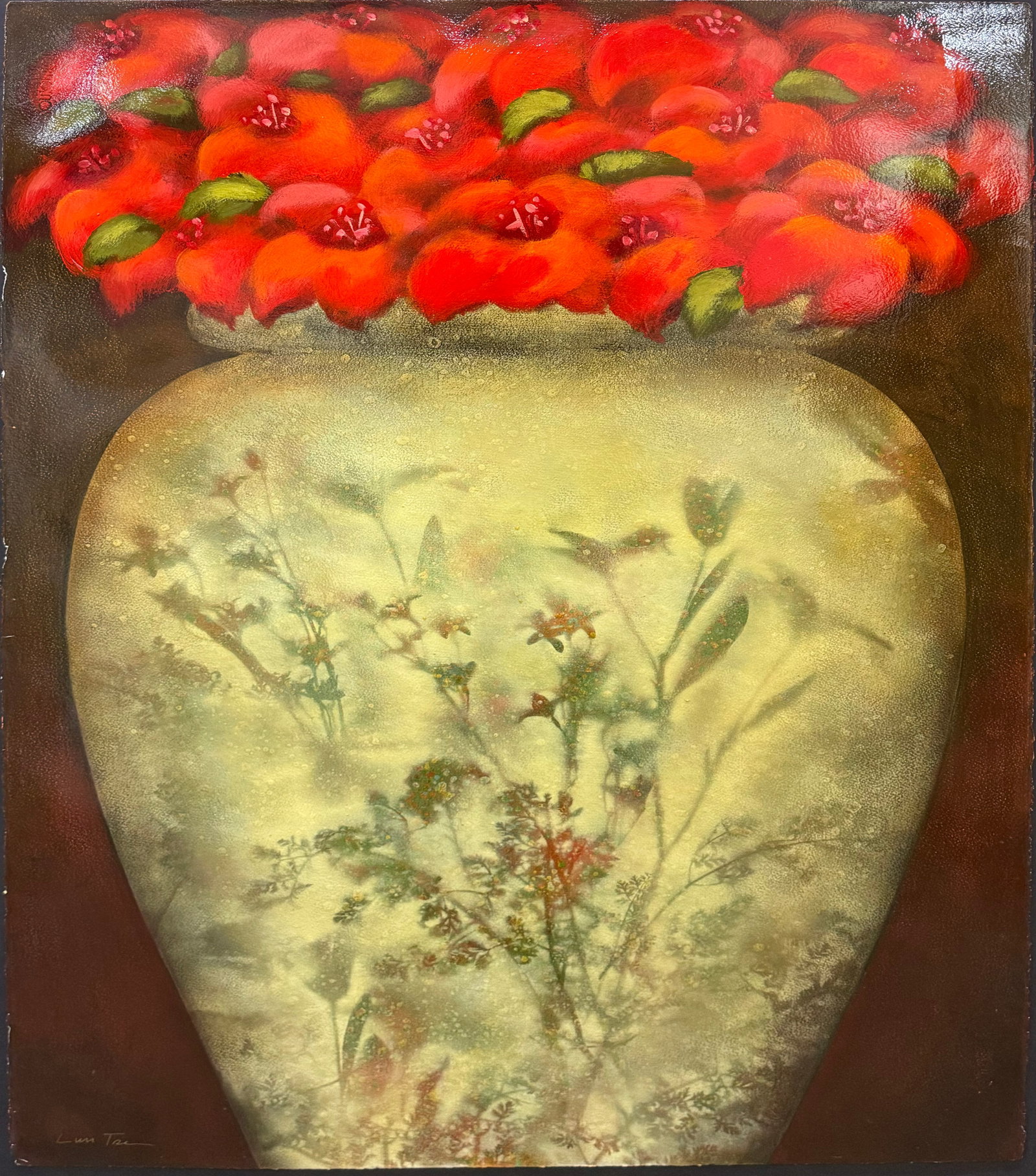 Lun Tse 44" H x 30" W Original Floral Painting: Artist: Lun Tse (b. 1964 - ) Chinese Title: Red Flower Bouquet I Medium: Oil on Paper Artwork Size: 44" H x 30" W x 0.1" D Item Weight: 1 lbs. Edition: Original Signature: Signed in bottom left corner