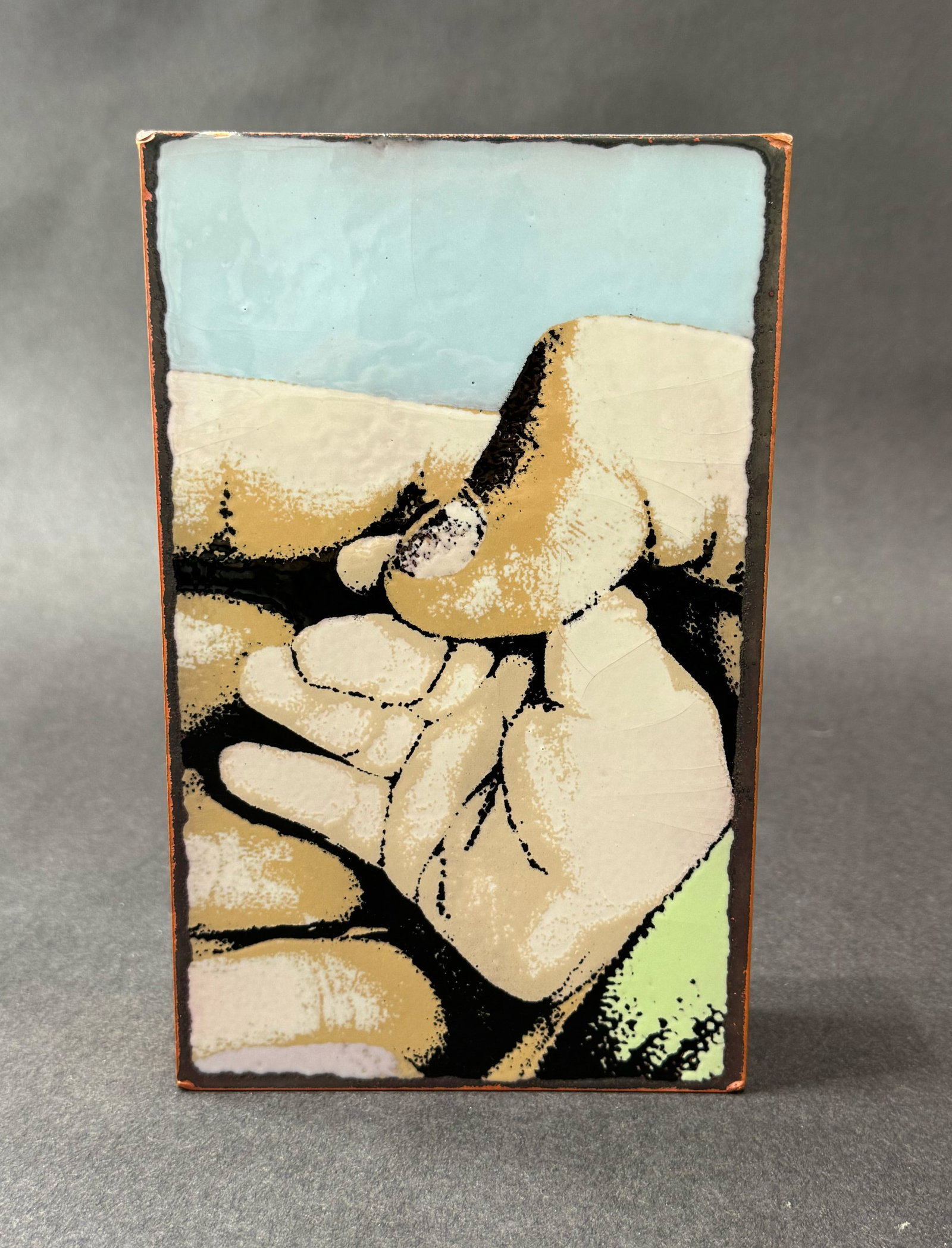 Houston Llew 8.5" H x 5.25" W Retired Spiritile 071: Hello: Artist: Houston Llew (b. 1980s) American Title: 071: Hello! RETIRED Medium: Copper and Enamel on Wood Artwork Size: 8.5 H x 5.25 W x 1.75 D Weight: 2.5 lbs. Edition: Open This intimate mixed-media art