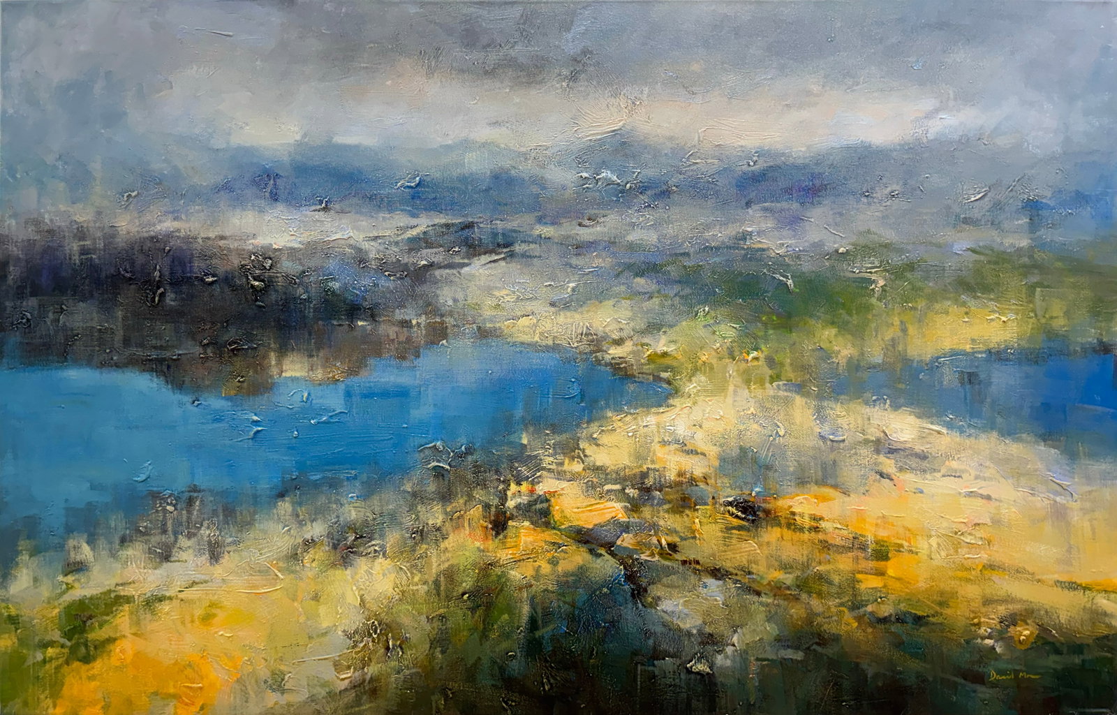 David Ma 46" H x 72" W Original Abstract Seascape Painting: Artist: David Ma (b.1956-) Chinese Title: Lake Reflections Medium: Oil on Canvas Canvas Size: 46" H x 72" W x 1.5" D Weight: 13 lbs. Edition: Original Signature: Front, bottom right corner Certificate