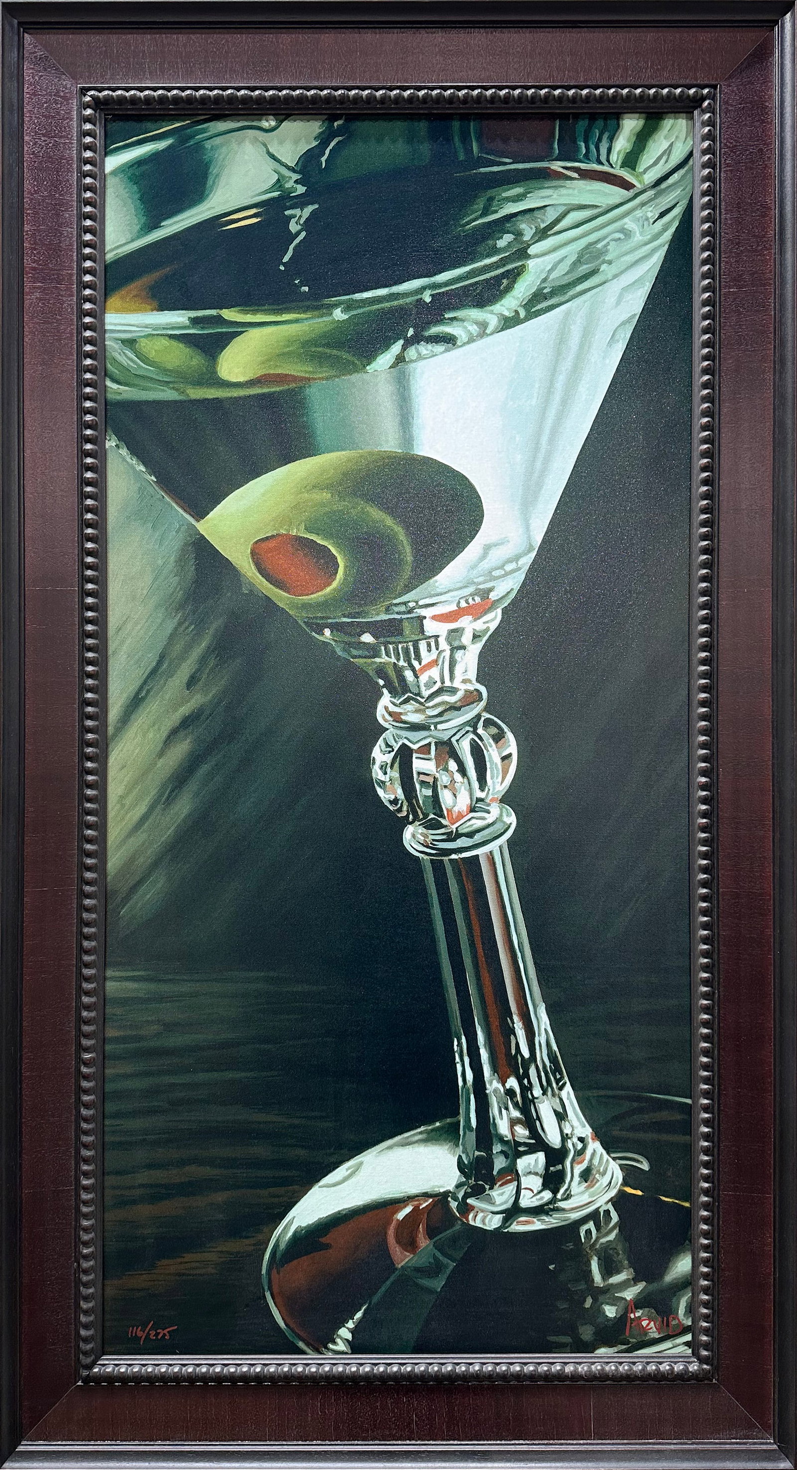 Thomas Arvid 49.5" H x 28" W Framed Signed and Numbered LE 116/275: Artist: Thomas Arvid (1964 - ) American Title: Classic Martini Medium: Giclee on Canvas Artwork Size: 43" H x 21.5" W Framed Size: 49.5" H x 28" W x 2" D Weight: 11 lbs. Edition: 116/275 Signature: Si