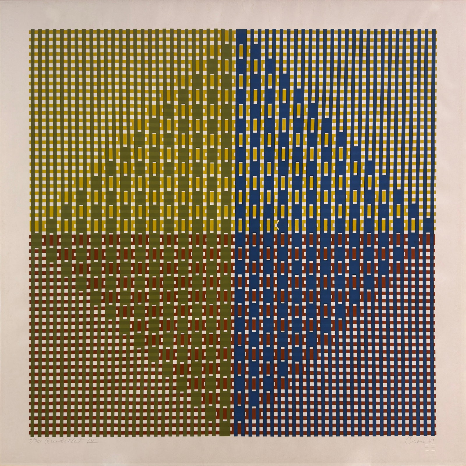 Print on Paper 32” H x 32” W Signed and Numbered Geometric Abstract 9/20: Artist: Unknown Title: Quadratet IV Medium: Serigraph on Paper Edition: 9/20 Artwork Size: 32” H x 32” W x 0.1” D Item Weight: 1 lbs. Signature: Signed “Crois 69” in bott
