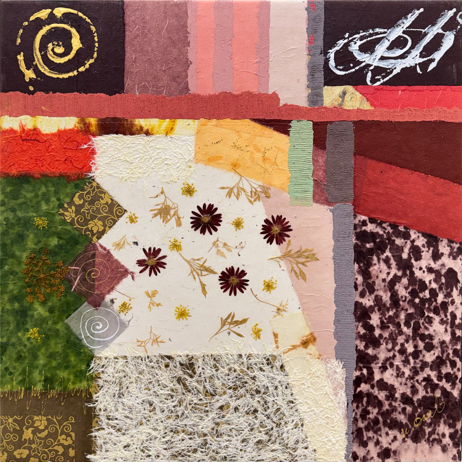 K. Paul 24" H x 24" W Original Floral Collage 1 of 2: Artist: K. Paul Title: Floral Collage I Medium: Mixed Media with Collage on Canvas Artwork Size: 24" H x 24" W x 0.75" D Signature: Bottom right in paint Weight: 2.5 lbs. Edition: Original Artwork