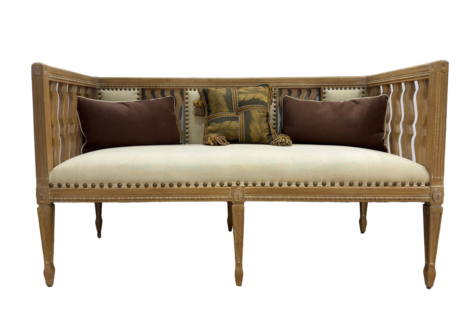 Gustavian Style 33“ H x 58“ W Two-seater Sofa Bench: Artist: Unknown Title: Gustavian style Two-seater sofa bench Medium: Wood and Linen Size: 33“ H x 58“ W x 26“ D Weight: 75 lbs. approx. Edition: Unknown This elegant bench combi