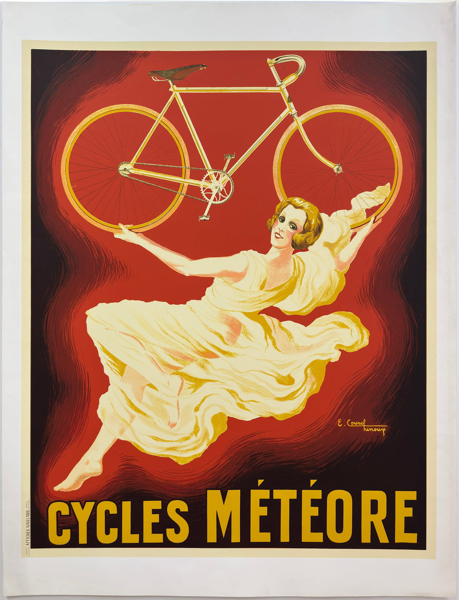 Large 50" H x 38.25" W Fine Art Reproduction Vintage Poster: Artist: Edouard Courchinoux Title: Cycles Meteore Medium: Fine Art Reproduction on Heavyweight Paper Edition: Open Image Size: 43.75" H x 35" W Paper Size: 50" H x 38.25" W x 0.1" D Item Weight: 1 lbs