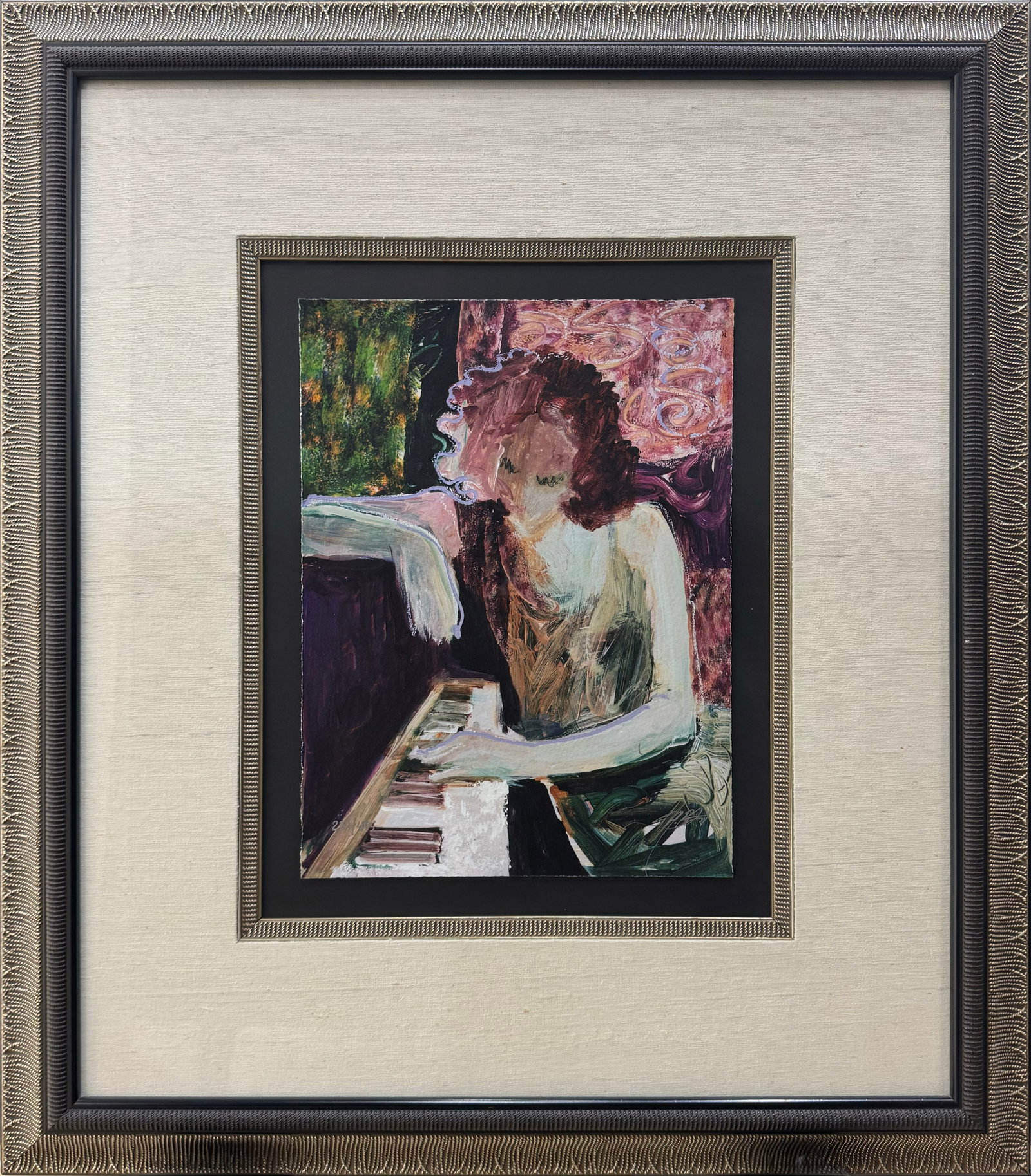 Mahmood Sabzi 24” H x 21” W Framed Limited Edition Figurative on Paper 221/495: Artist: Mahmood Sabzi (b. 1951) Iranian Title: Piano Mood Medium: Giclee on Paper Edition: 221/495 Signature: Signed in silver color in bottom right of image Artwork Size: 12” H x 9” W Fra