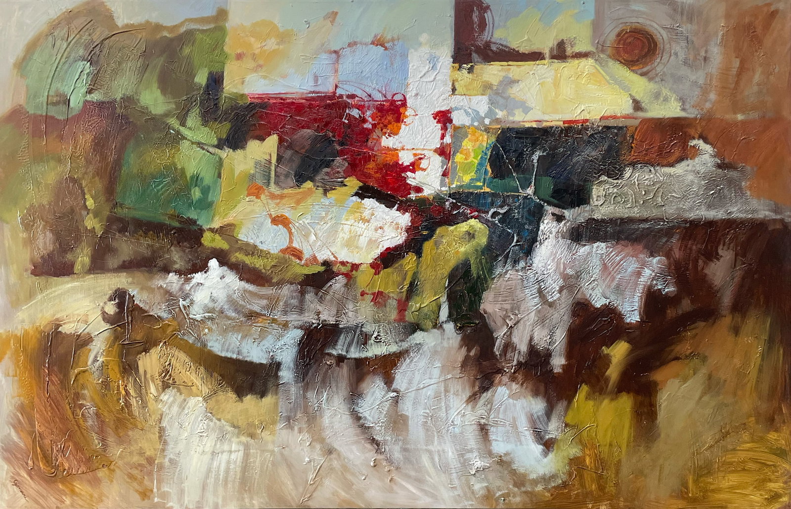 Giovanni 48" H x 72" W Original Abstract Painting: Artist: Giovanni Title: Discovery Medium: Oil on Canvas Canvas Size: 48" H x 72" W x 1.5" D Weight: 15 lbs. Edition: Original Signature: Front, bottom left corner Artwork is gallery wrapped and s