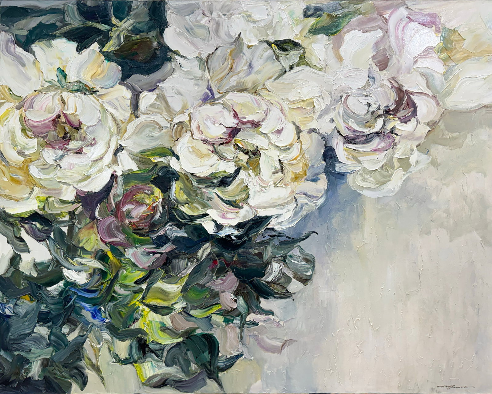 Andrii Afanasiev 47.75" H x 60" W Original Floral Painting: Artist: Andrii Afanasiev (b.1977-) Ukrainian Title: Romance Medium: Oil on Canvas Canvas Size: 47.75" H x 60" W x 1.5" D Weight: 13 lbs. Edition: Original Signature: Front, bottom right corner Certifi