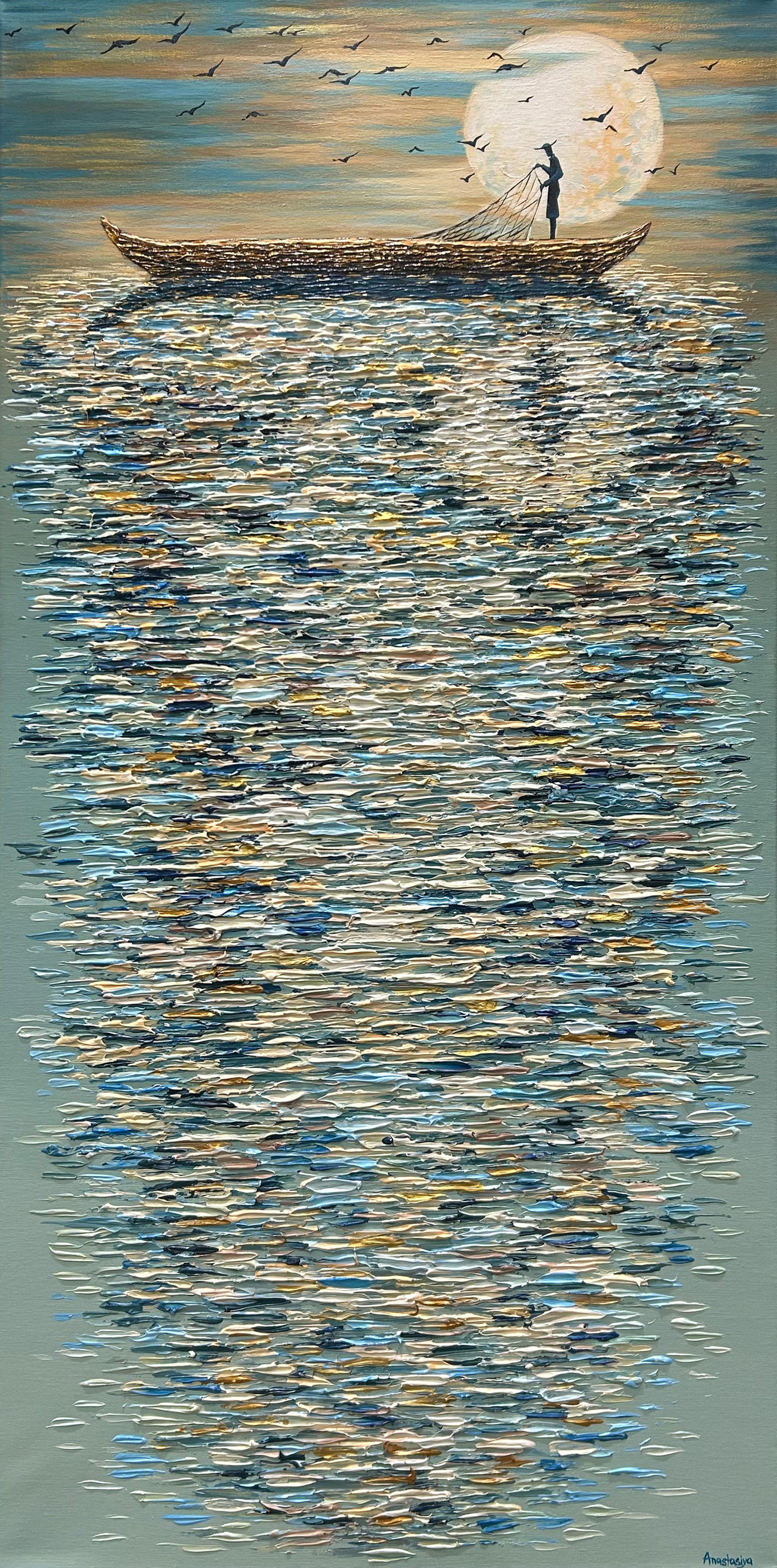 Anastasiya Skryleva 47.5" H x 23" W Fisherman Night Scene Original Painting: Artist: Anastasiya Skryleva (b.1997 - ) Ukrainian Title: Fabulous Evening Medium: Oil on Canvas Artwork Size: 47.5" H x 23" W x 0.75" D Item Weight: 6 lbs. Edition: Original Signature: Signed in paint