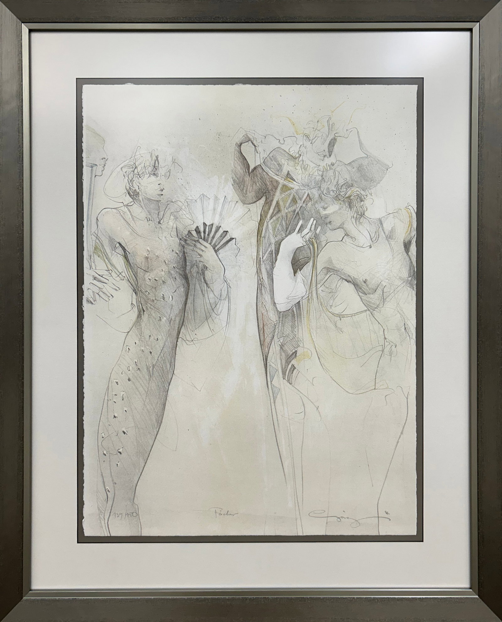 Jurgen Gorg 37.5" H x 30.25" W Framed Figurative Etching 139/150: Artist: Jurgen Gorg (b.1951 - ) German Title: Fächer (Subjects) Medium: Hand-Colored Etching on Paper Artwork Size: 27.5" H x 20" W Framed Size: 37.5" H x 30.25" W x 1.5" D Item Weight: 13.5 lbs.