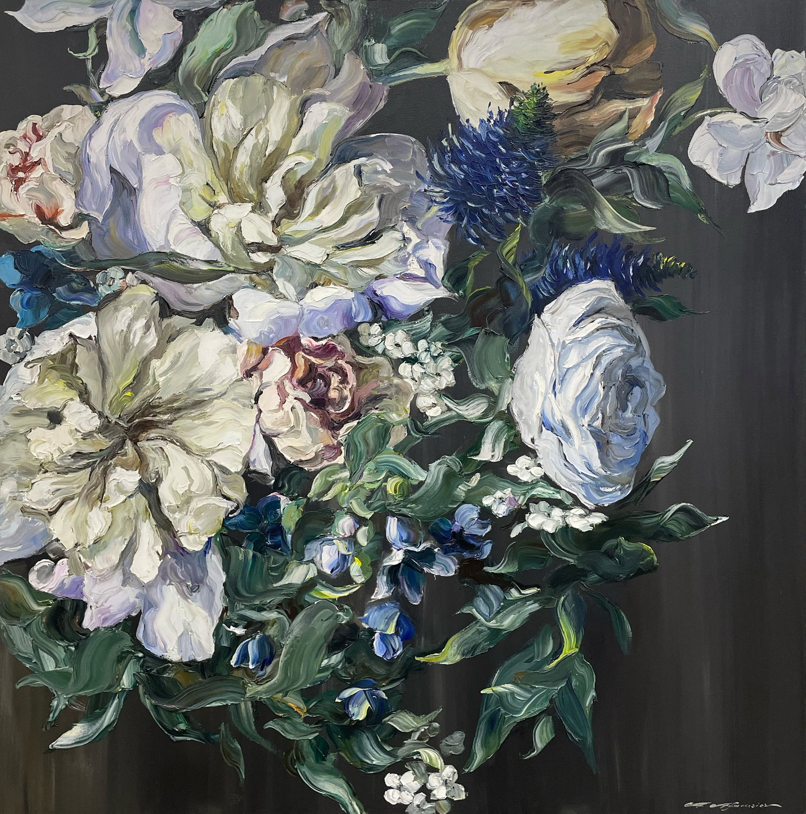 Andrii Afanasiev 48" H x 48" W Original Floral Painting: Artist: Andrii Afanasiev (b.1977-) Ukrainian Title: To You, With Love Medium: Oil on Canvas Artwork Size: 48" H x 48" W x 1.5" D Weight: 9 lbs. Edition: Original Signature: Front, bottom right corner 