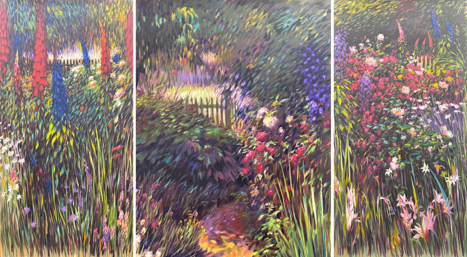 Floral Triptych 51" H x 94.5" W LEs on Paper (3 Piece Set): Artist: Greg Singley Title: Spring Melody (Set of 3) Medium: Silk Screen on Paper Artwork Size: 51 H x 27 W each for the Left & Right Images | 51 H x 40.5 for the Center Image Weight: 1 lbs. Edition: 