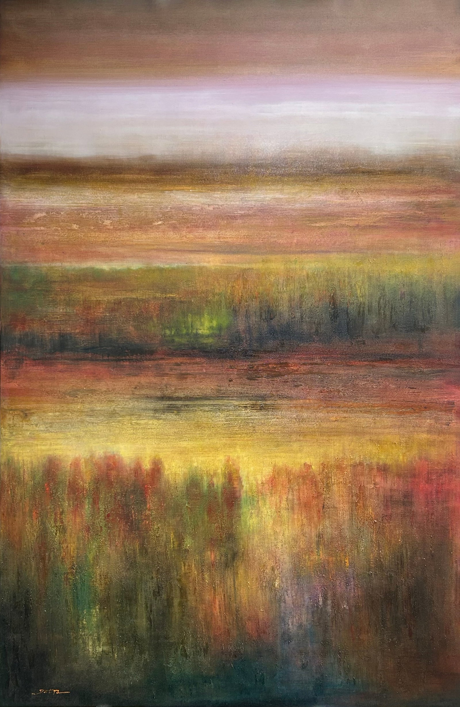 Dutra 71" H x 47" W Original Abstract Landscape Painting: Artist: Dutra Title: In the Wake of Time Medium: Oil on Canvas Artwork Size: 71" H x 47" W x 1.5" D Weight: 11 lbs. Edition: Original Signature: Bottom left corner Artwork is gallery wrapped and s