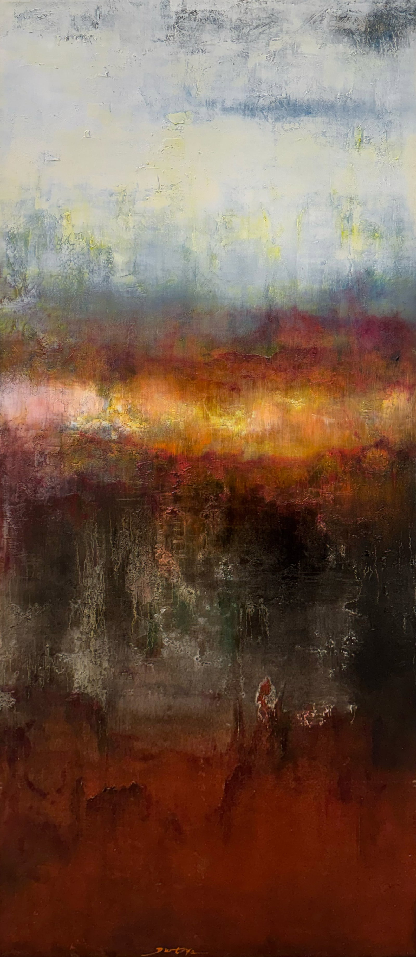Dutra 58” H x 23” W Original Abstract Painting: Artist: Dutra Title: Theory Of Red I Medium: Oil on Canvas Artwork Size: 58” H x 23” W x 1.5” D Weight: 7 lbs. Edition: Original Signature: Bottom middle of painting Artwork is