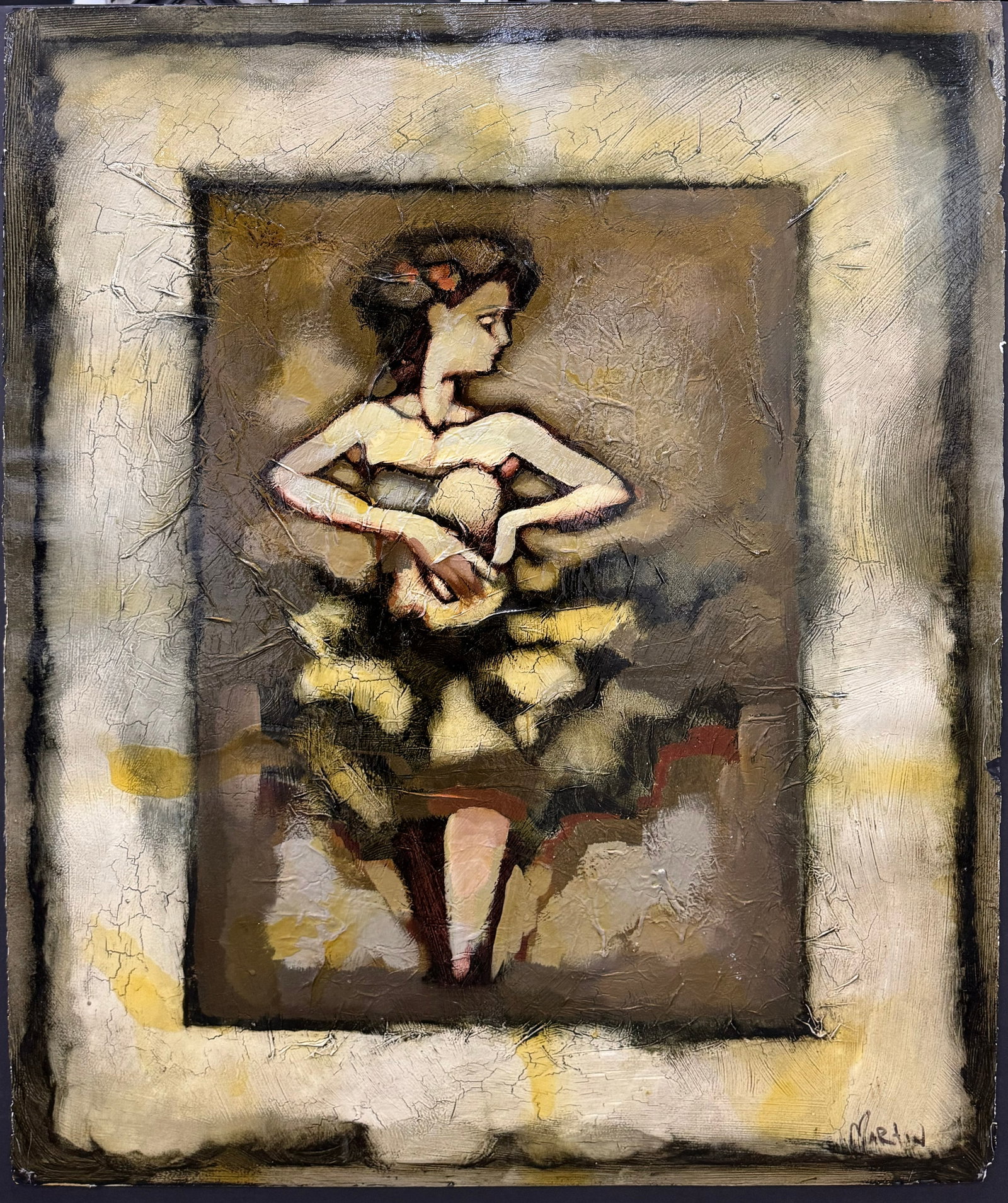 David Martin 37" H x 27" W Ballerina Original Painting : Artist: David Martin Title: Ballerina Study Medium: Mixed Media on Paper Artwork Size: 37" H x 27" W x 0.1" D Weight: 1.5 lbs. Edition: Original Signature: Front, bottom right corner Certificate of au