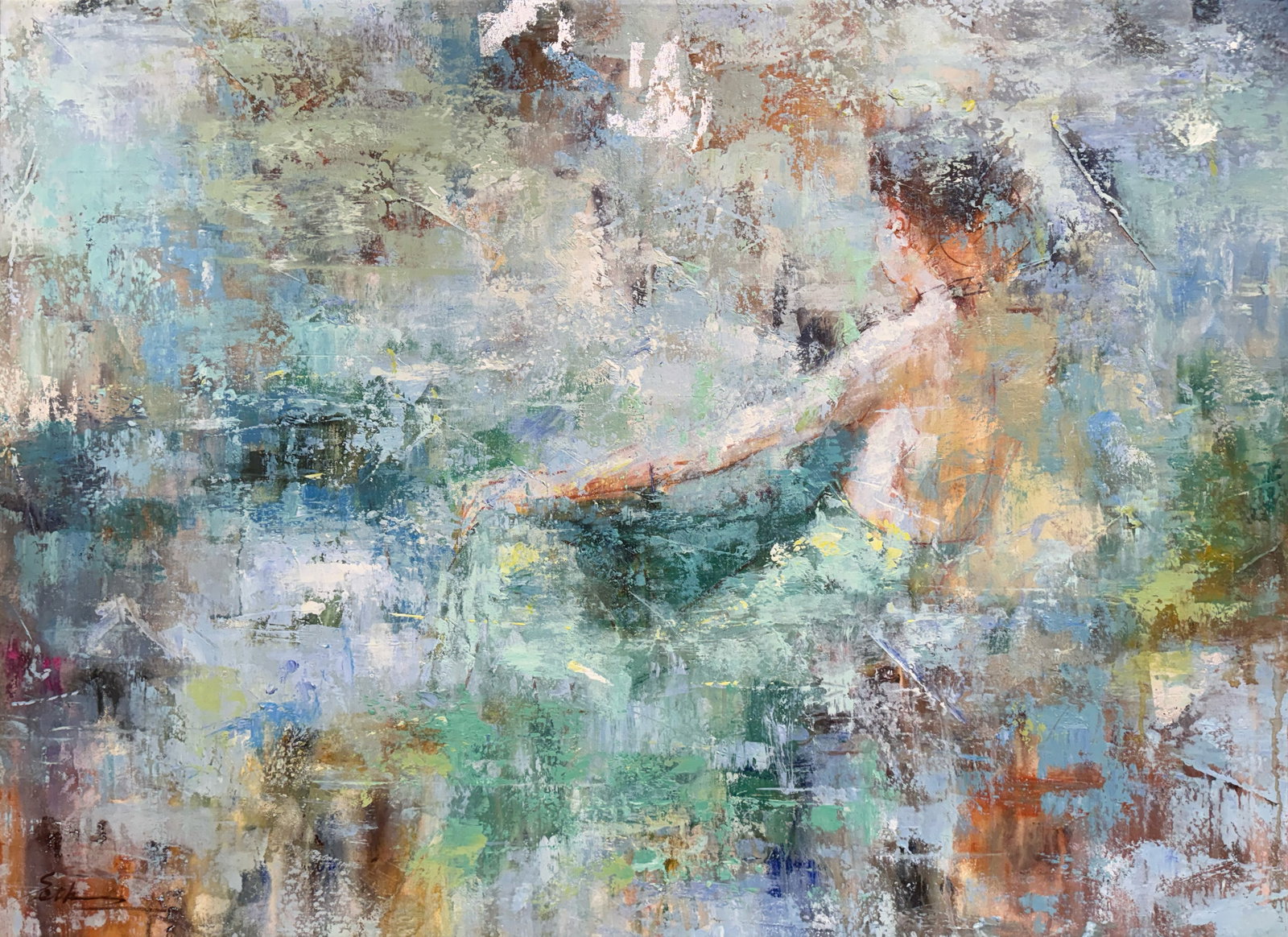 Seth Wong 32" H x 44" W Original Abstract Figurative Painting: Artist: Seth Wong Title: Beauty in the Mist I Medium: Oil on Canvas Artwork Size: 32" H x 44" W x 1.25" D Weight: 7 lbs. Edition: Original Signature: Front, bottom left corner Certificate of authentic