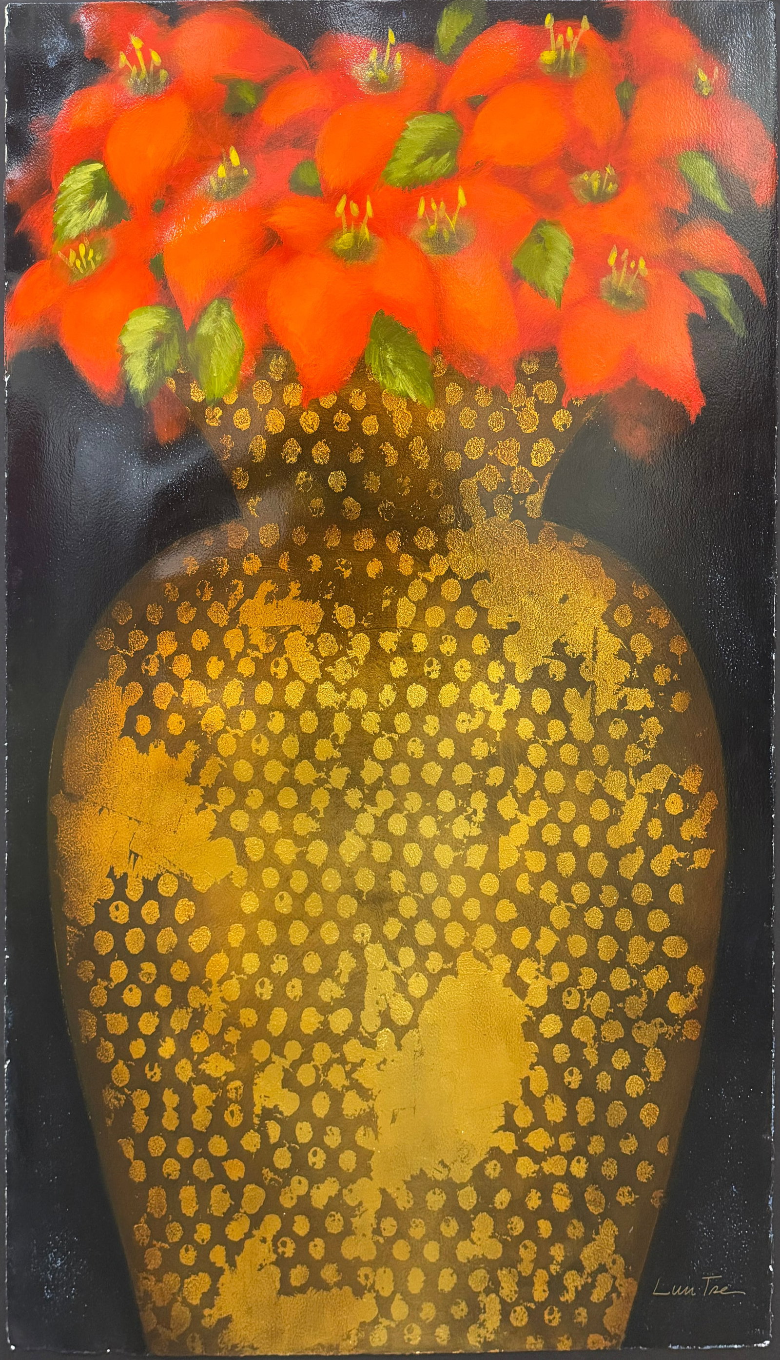 Lun Tse 44" H x 30" W Original Floral Painting: Artist: Lun Tse (b. 1964 - ) Chinese Title: Red Flower Bouquet II Medium: Oil on Paper Artwork Size: 44" H x 30" W x 0.1" D Item Weight: 1 lbs. Edition: Original Signature: Signed in bottom left corne
