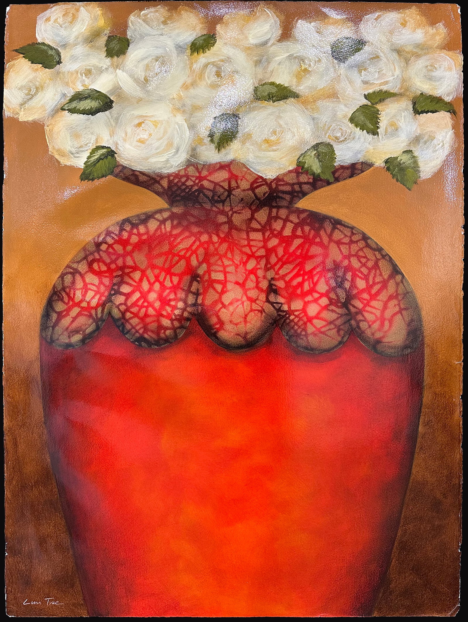 Lun Tse 44" H x 30" W Original Floral Painting: Artist: Lun Tse (b. 1964 - ) Chinese Title: White Rose Bouquet II Medium: Oil on Paper Artwork Size: 44" H x 30" W x 0.1" D Item Weight: 1 lbs. Edition: Original Signature: Signed in bottom left corne