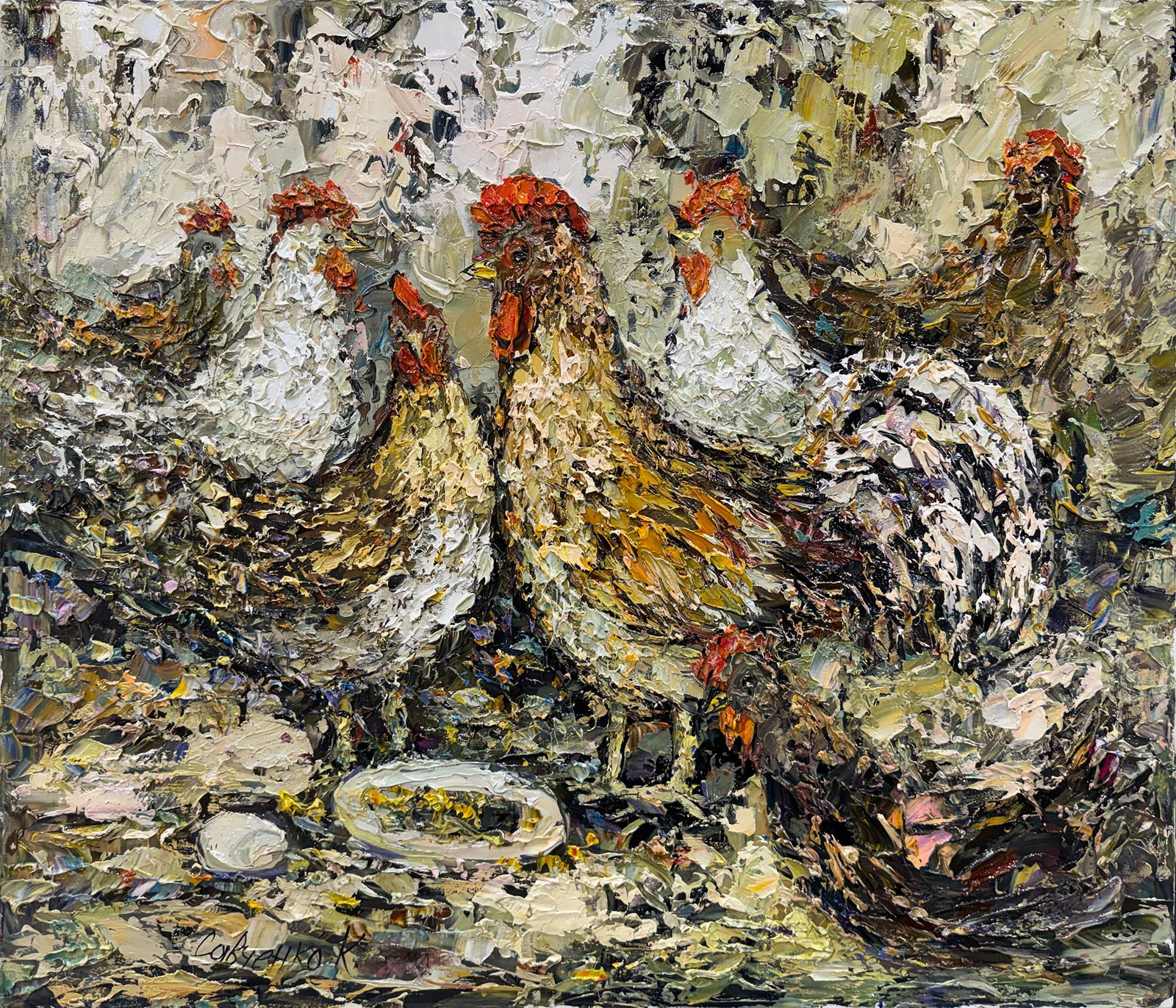 Konstantin Savchenko 224” H x 28” W Original Chicken Painting: Artist: Konstantin Savchenko (b.1968-) Ukrainian Title: Chicken Coop Medium: Oil on Canvas Artwork Size: 24” H x 28” W x 1” D Weight: 2 lbs. Edition: Original Signature: Bottom left 