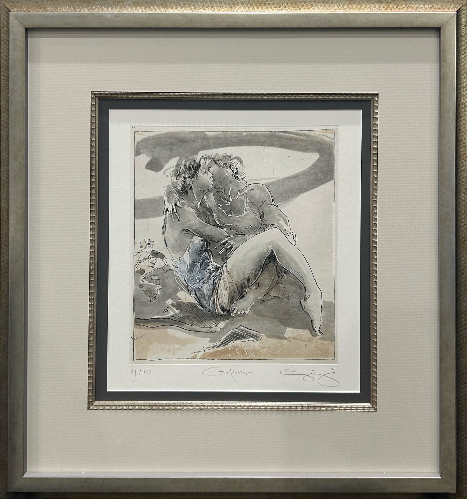 Jurgen Gorg 26.75" H x 23.5" W Figurative Framed Etching 79/120: Artist: Jurgen Gorg (b.1951 - ) German Title: Gefluister (Whispered) Medium: Hand-Colored Etching on Paper Artwork Size: 23" H x 19" W Framed Size: 26.75" H x 23.5" W x 1" D Item Weight: 8 lbs. Editio