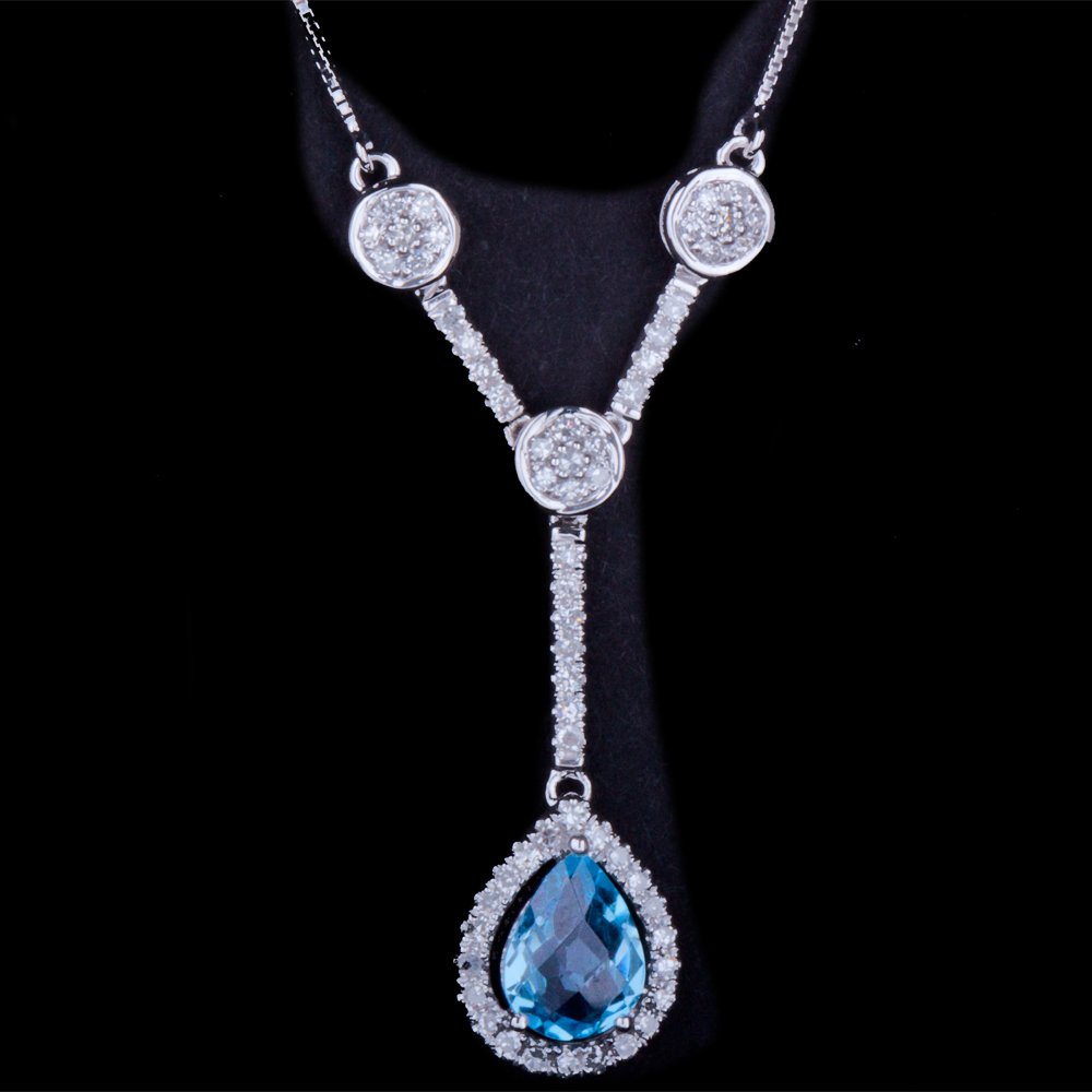 14K GOLD NECKLACE W/ 1.17ct. BLUE TOPAZ & 0.36ct. WHITE (1 of 2)