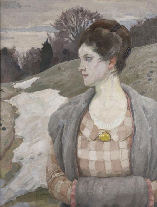 Reinhold Max Eichler, Young Woman in Winter Landsca: For this Lot there is only a german description. Information in english can be requested via info@von-zezschwitz.de: Junge Frau mit Fellmütze im Halbprofil, ihre Hände in einem Muff wärmend, vor h�