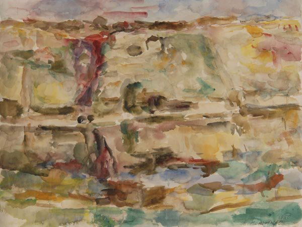 Manfred Henninger, Figures in a Landscape, 1950: Abstract landscape composition painted in vivid brush strokes and rich colors. 47 x 63 cm. Water colors on cream-colored water color paper with structure. Signed and dated with pencil lower right rim: