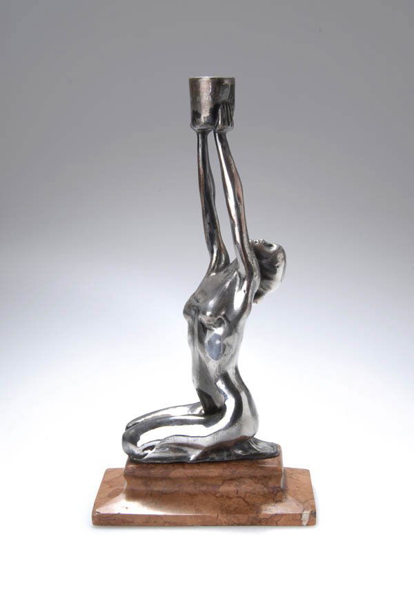 Franz Metzner, Candle-holder, 1901: Kneeling woman, holding aloft a cylindrical vessel. Total height with base: 28,7 cm. Silverplated pewter. Illustrated in: Deutsche Kunst und Dekoration, Darmstadt, Vol. 12, 1903, p. 375; a similar can