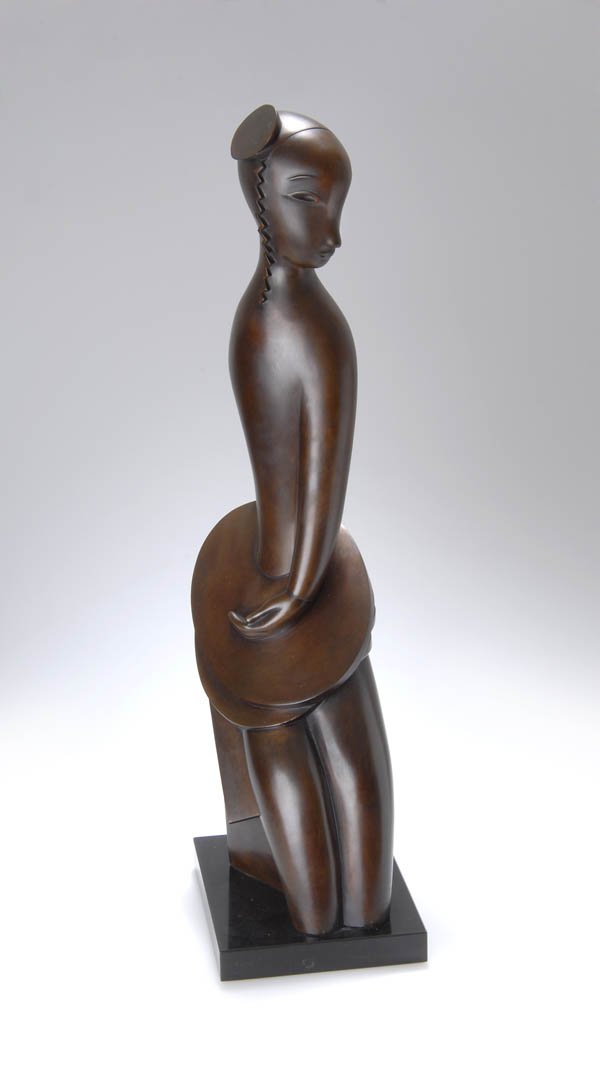 Jean Lambert-Rucki, Seated Girl with lock of hair: Bronze figure of a seated girl, a zig-zagged lock of hair falling down her right cheek, a small cap pinned to the side of her head. H. 72,5 cm. Signed, dated and marked on the base: 1/8 (stamped), Lam