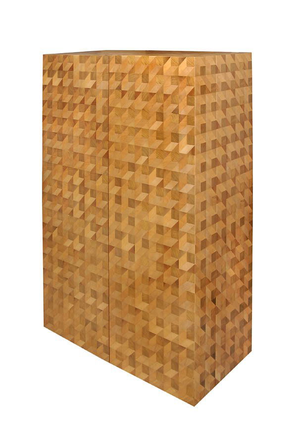 Trix und Robert Haussmann, Gümligen (Schweiz), Bar: Cubic form with two doors, upper side of both frames with grip holes. H. 146 cm; 96 x 48 cm. Execution: Roethlisberger Kollektion, Guemligen. Unique specimen. Several kinds of fruittree wood, veneer,