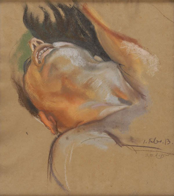 Reinhold Max Eichler, Kopfstudie, 1913: Ausdrucksstarke Studie eines männlichen Kopfes. 44 x 38 cm. Farbige Pastellkreiden auf bräunlichem Papier. Rechts neben der Darstellung dat. und mit Bleistift sign.: 1. Febr. 13 R.M. Eichler. Vergla