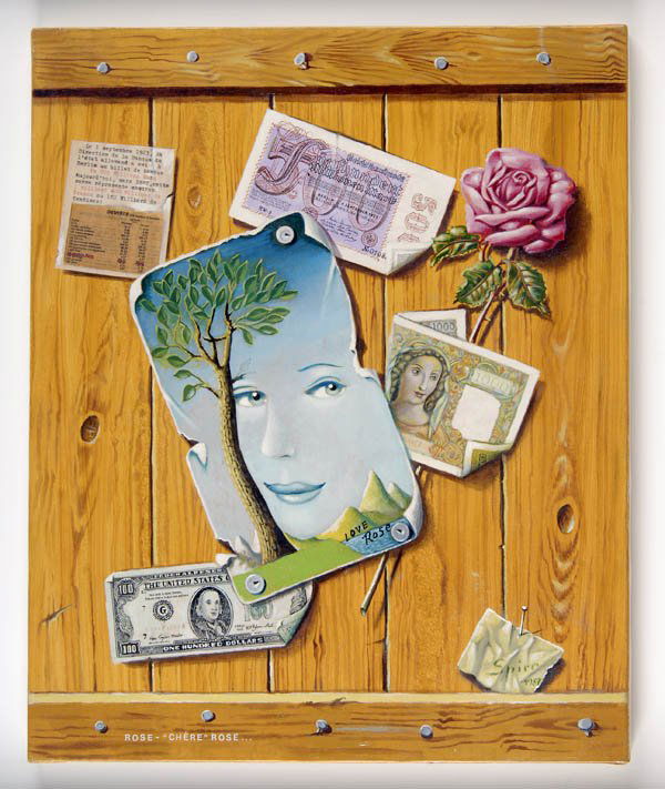 Georges Spiro, 'Rose - "Chère" - Rose', 1987: Surrealistic hommage to a lady named 'Rose'. 55 x 6 cm. Oil with collaged paper on canvas. Signed and dated. Framed.Zum Künstler allg. siehe: Kat. Côte d'Azur, Peintres et Sculpteurs, Editions Moli�