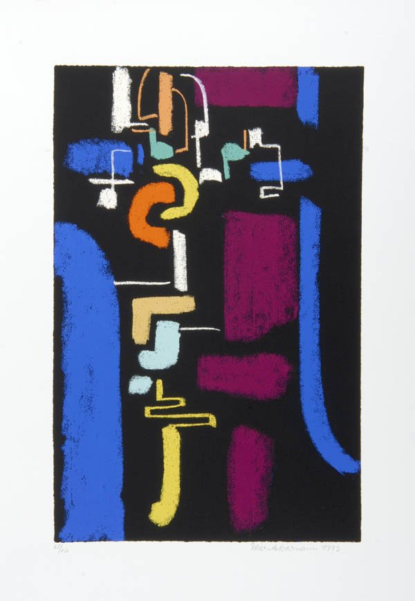 Max Ackermann, Fanfare, 1973: Abstrakt-geometrische Farbflächenkomposition auf schwarzem Grund. 69,6 x 49,4 cm (Blattgröße); 48,2 x 31 cm (Darstellung). Farbiger Siebdruck auf chamoisfarbenem Bütten. Im Rand unter der Darstell