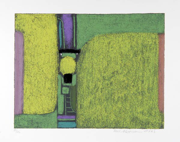 Max Ackermann, Überbrückte Kontinente, 1972: Abstrakte Komposition mit Farbflächen in unterschiedlichen Grüntönen, unterbrochen von geometrischen Formen in Lila und Schwarz. 49,9 x 69,7 cm (Blattgröße); 34,2 x 44 cm (Darstellung). Farbiger