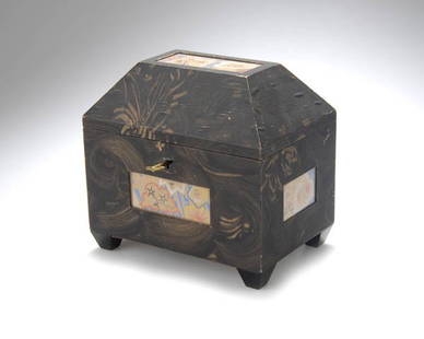 Hilda Jesser, Case, around 1918: H. 19.3 cm: 20.2 x14.2 cm. Executed by Wiener Werkstaette, Vienna. Wood, glue-paper with black-brown marble design, five rectangular glass paintings(behind glass) set into surface, multicolor painting