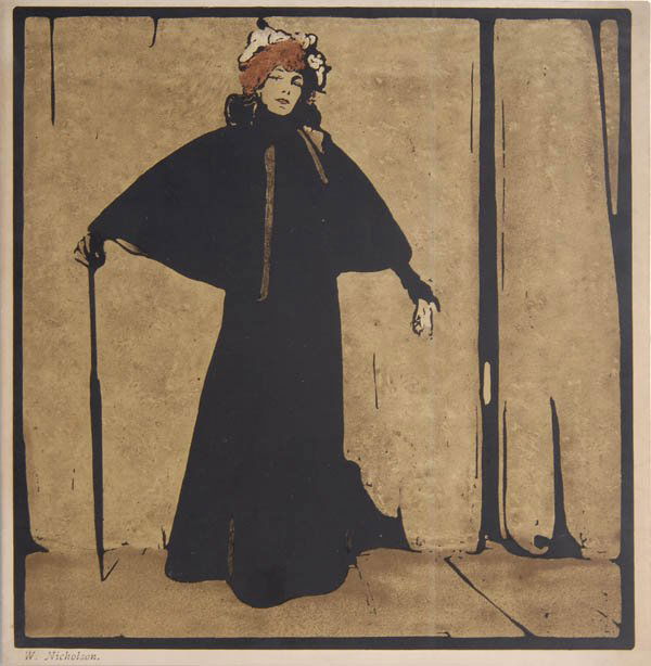 William Nicholson, Sarah Bernhardt, 1897: Die Schauspielerin en face im Cape mit ausgebreiteten Armen, vor einem Bühnenvorhang stehend, sich mit dem rechten Arm auf einen Stockschirm stützend. 23,8 x 23 cm. (Darstellung); 24,7 x 24,1 cm (Bl