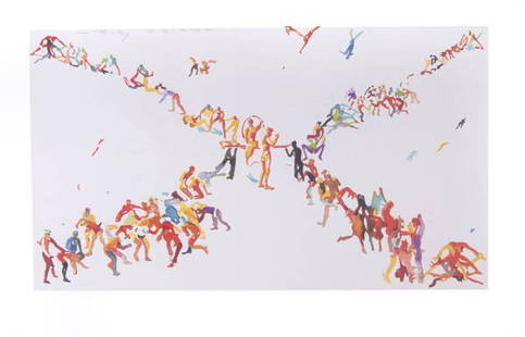 Norbert Bisky, Ohne Titel (Kunstwerkstatt), 2007: Reihung von zahlreichen Figuren. 34 x 53 cm (Blattgröße); 25,7 x 44,7 cm (Darstellung). Faksimiledruck nach einem Aquarell auf weißem, leichtem Karton. Links oben am Rand der Darstellung mit Bleist