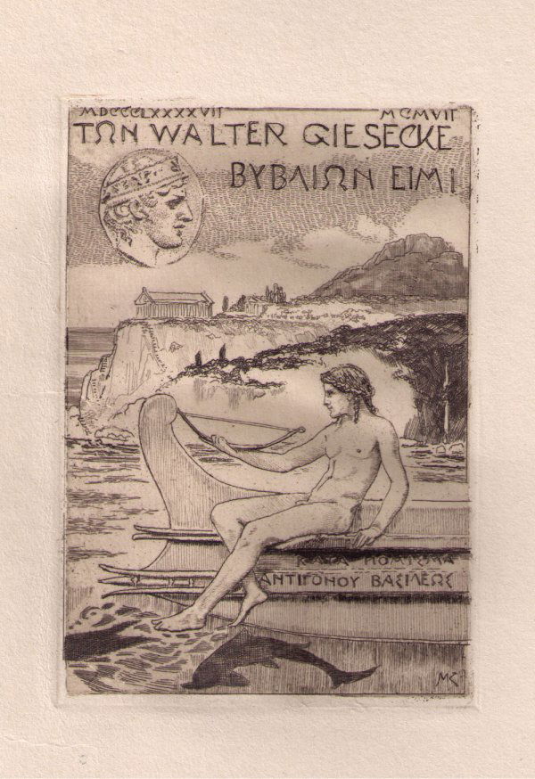 Max Klinger, Ex-Libris 'Walter Giesecke', 1907: Jüngling in klassisch-griechischer Darstellung, ein Boot steuernd, im Hintergrund Landschaft mit Tempel hoch über dem Meer. 12,7 x 8,3 cm (Darstellung); 35 x 24,2 cm (Blattgröße). Radierung auf In