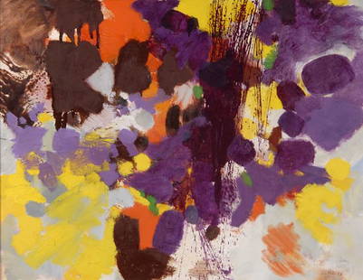 Rolf Hans, Composition, 1963: Abstract composition with coloured spaces in yellow, orange, violet, green and brown. Oil on hardboard. 49 x 63 cm. Signed and dated with pencil in lower right corner: R. Hans 63. Revere side signed,