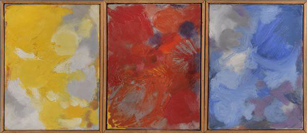 Rolf Hans, Compositions, 1961/1962: Picture consisting of three parts from the series of 'Patch Pictures' with sometimes thick patches in yellow, red and blue shades. Oil on canvas. Each 24 x 18.5 cm. Numbered, signed and marked on reve